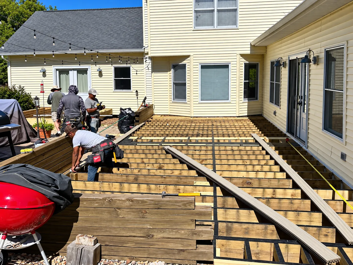 Construction crew installing composite deck boards over a pressure-treated wood frame during a residential deck renovation.