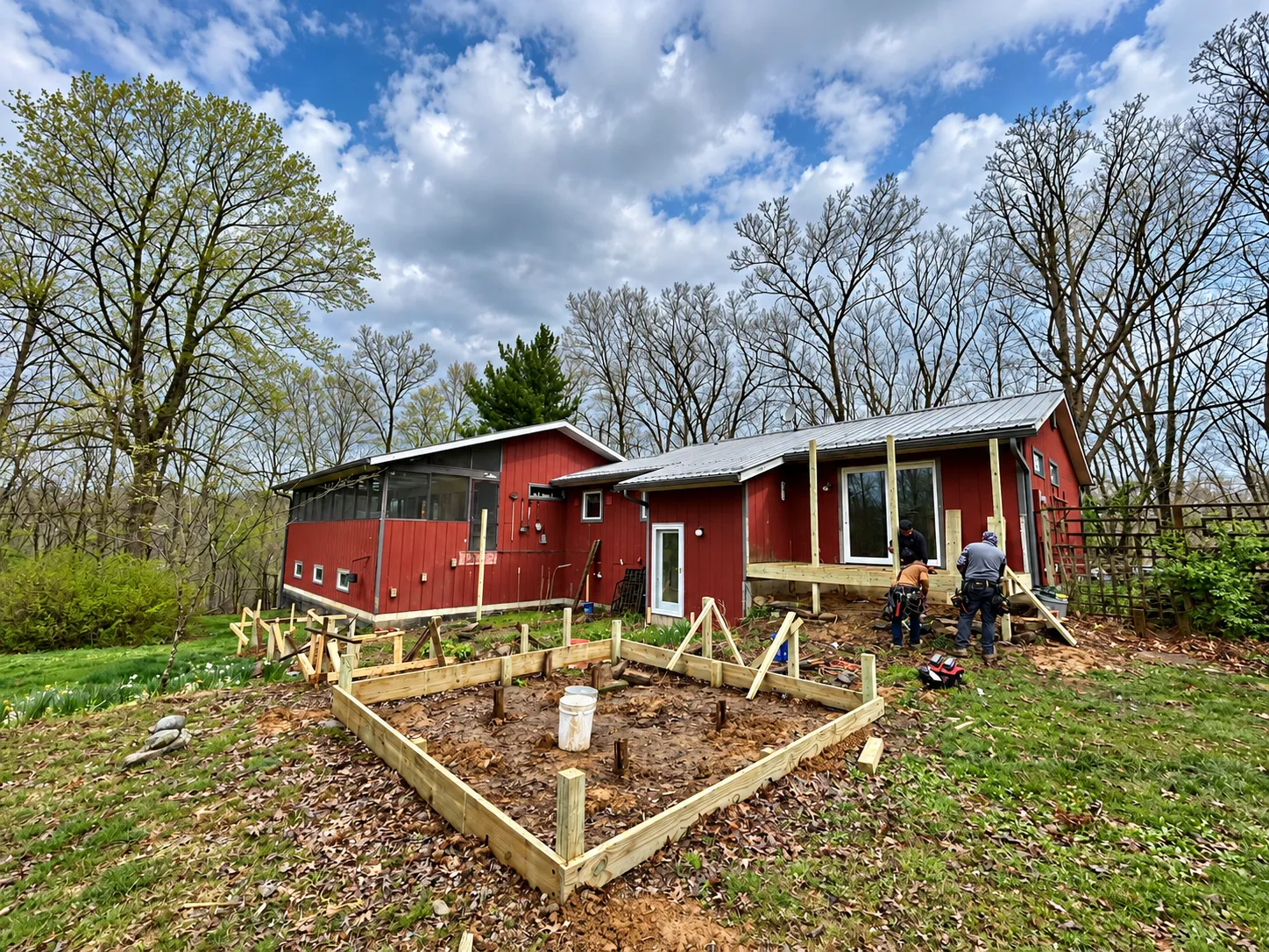 Residential deck construction in progress, showing workers installing wooden support posts and framing for a new outdoor deck.