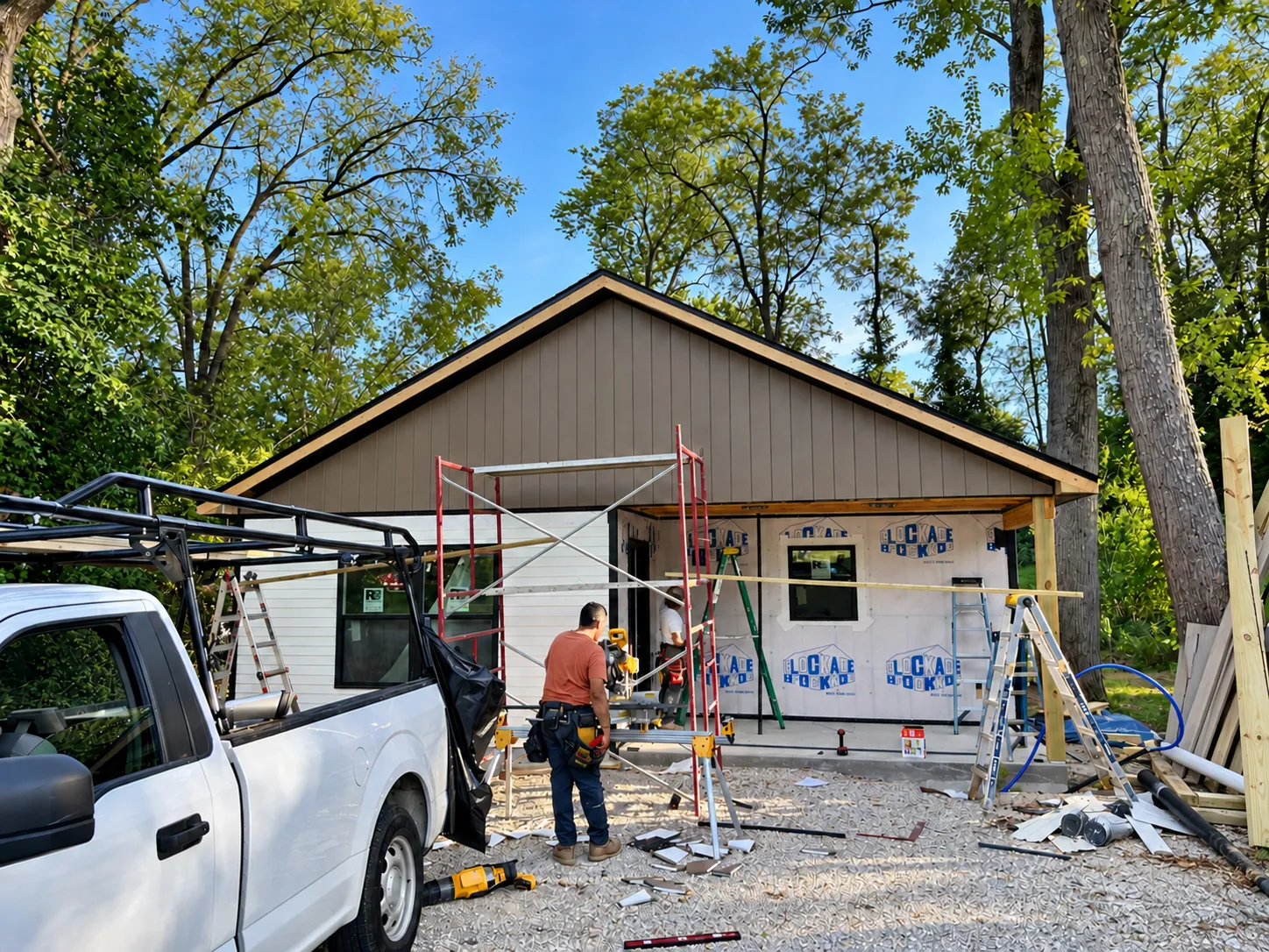 Residential construction project in progress, showing workers installing exterior siding and finishing the structure of a new building.