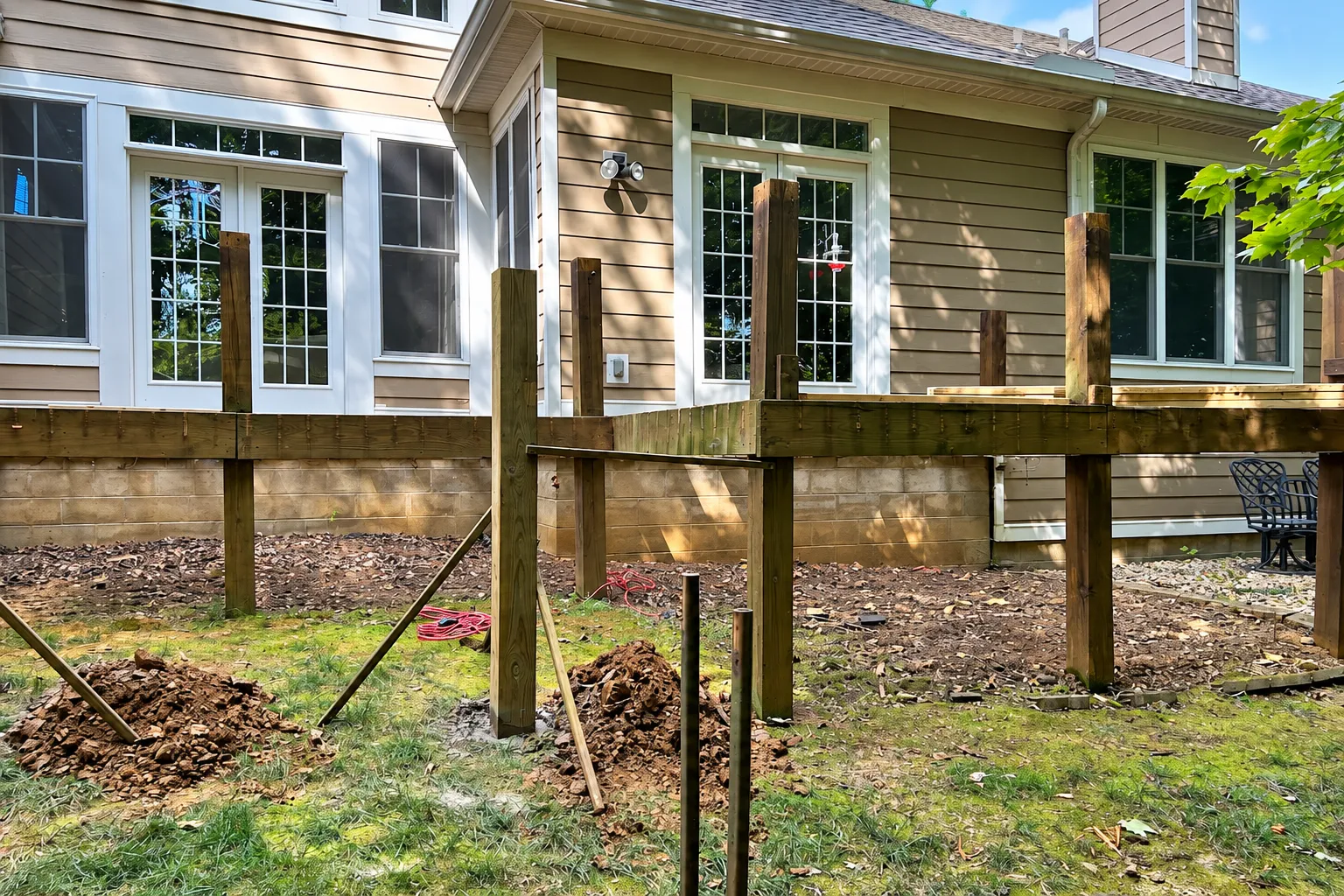 Elevated residential deck construction in progress, showing pressure-treated wooden support posts, beams, and structural framing.